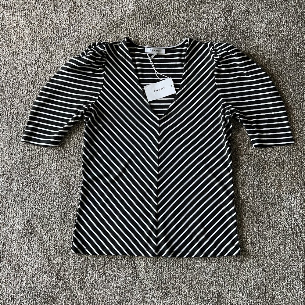 FRAME Chevron Stripe Puff Sleeve Shirred Top M NWT
